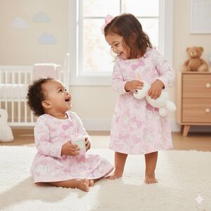 Hello Kitty and Cinnamoroll Toddler Girls Print Dress Pink Long Sleeves 12m,3T